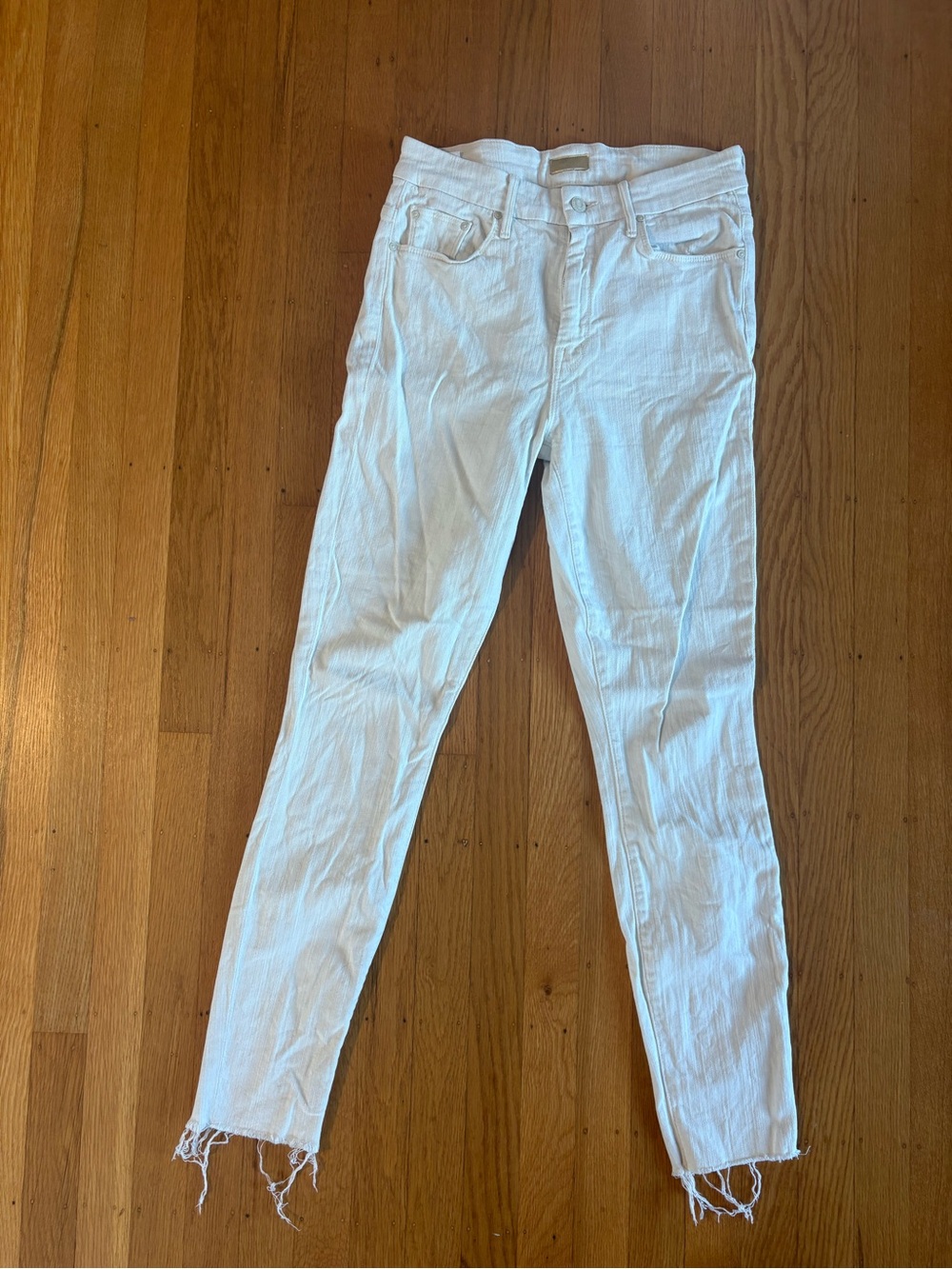MOTHER White Frayed-Hem High-Rise Skinny Jeans